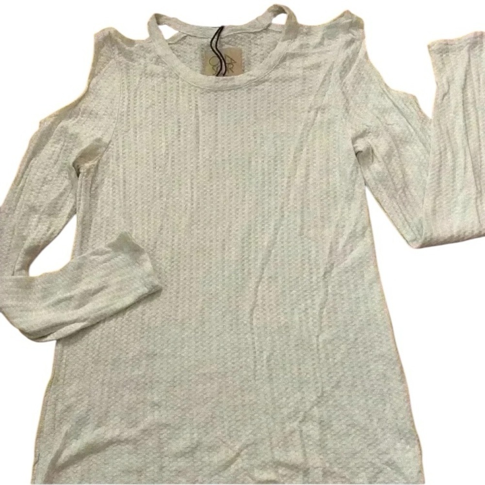 Womens double cold shoulder long sleeve thin sheer waffle print white top new M